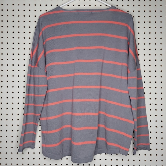 Kokun Sweater V-neck Long Sleeve Stretch Stripe Gray Coral Pull-on Knit - Picture 2 of 6